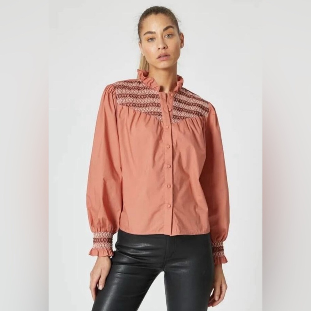 The Shirt  by Rochelle Behrens, Nicole smocked in terra-cotta black and white